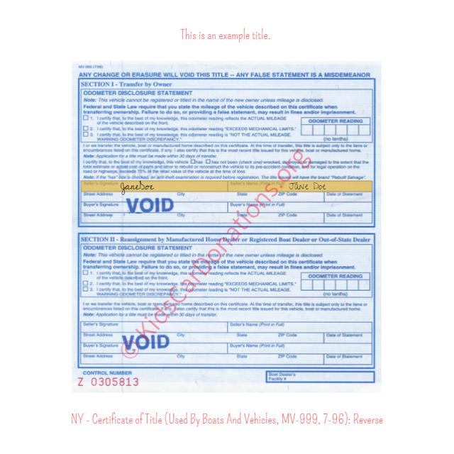 This is an Example of New York Certificate of Title (Used BY Boats And Vehicles, MV-999, 7-96) Reverse View | Kids Car Donations